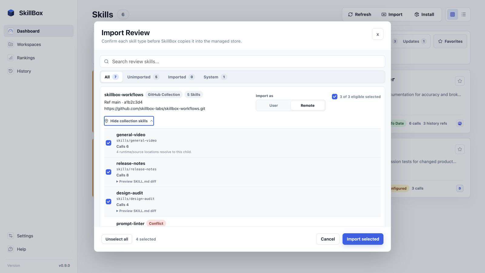SkillBox collection import review showing one shared Remote type choice, selected eligible children, and a blocked conflict