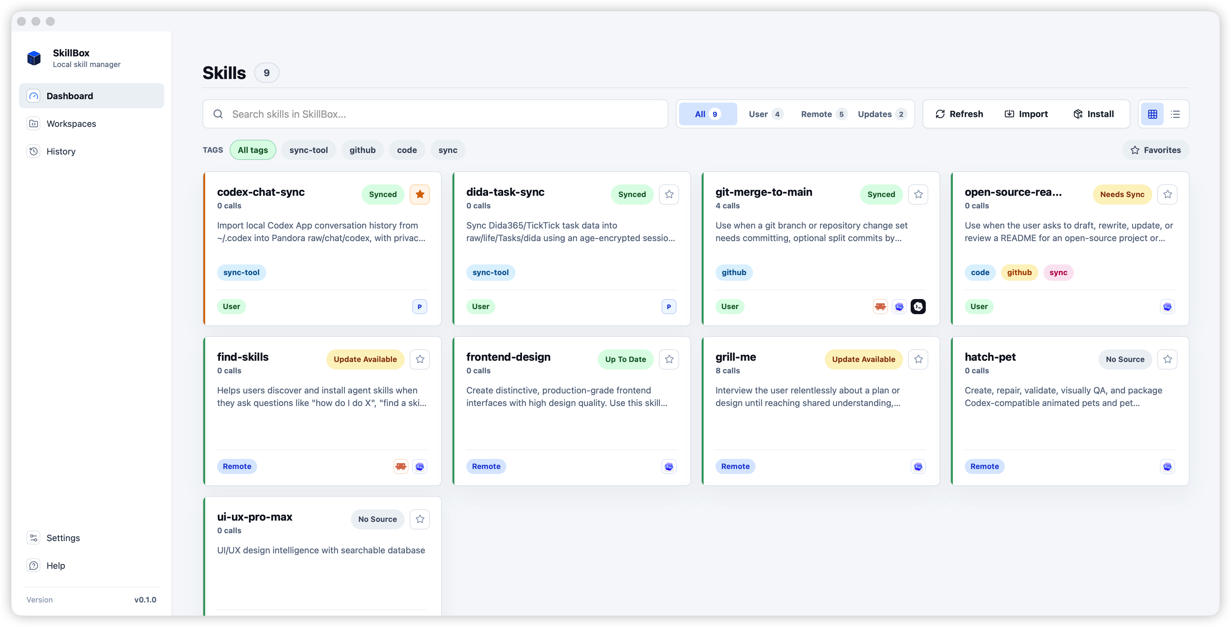 SkillBox dashboard showing skill cards, usage counts, update states, and runtime targets