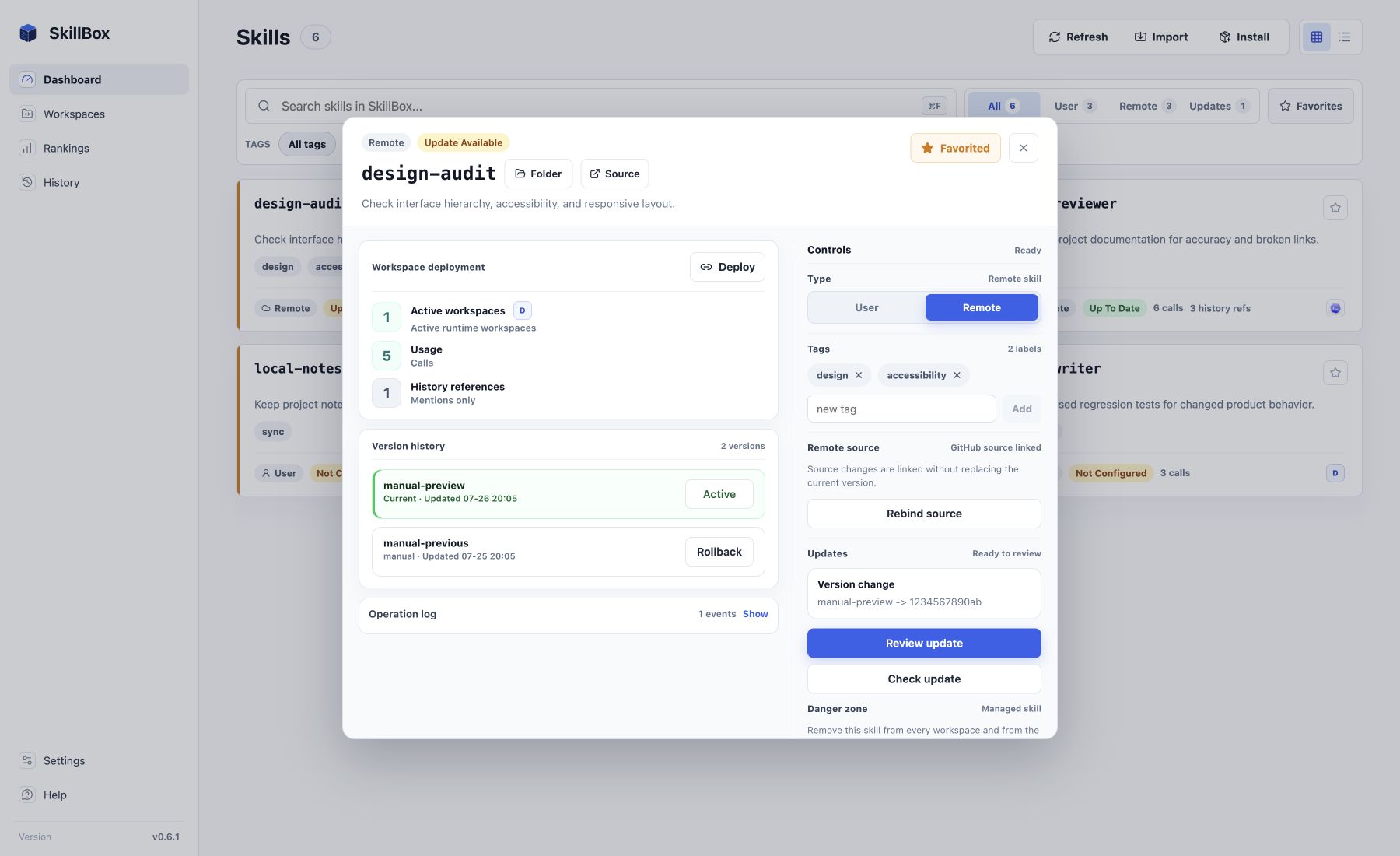SkillBox skill detail showing active workspaces, Calls, History references, version history, and type controls