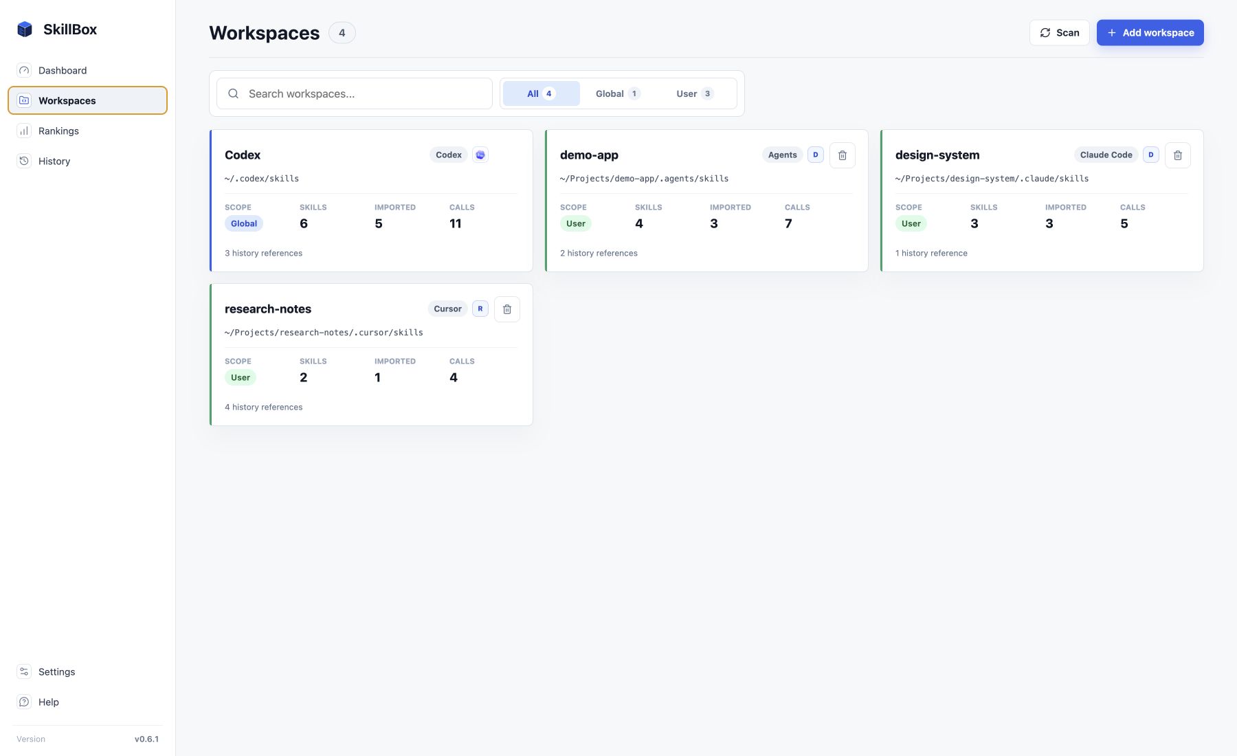 SkillBox Workspaces showing runtime profile, scope, root path, Calls, and History references